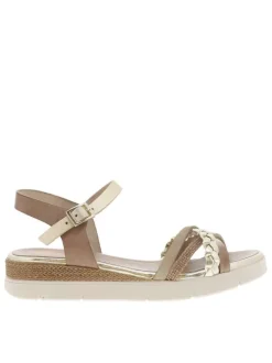 Nu-pieds en cuir taupe à talon compensé bas avec boucle à ardillon dorée