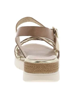 Nu-pieds en cuir taupe à talon compensé bas avec boucle à ardillon dorée