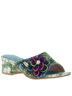 Nu-pieds en cuir turquoise à talon bloc décroché, à semelle anti-dérapante