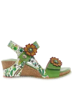 Nu-pieds en cuir vert à semelle compensé et à bandes auto-agrippantes