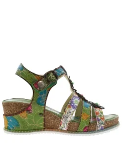 Nu-pieds en cuir verts à fleurs avec talon compensé et bande auto-agrippante