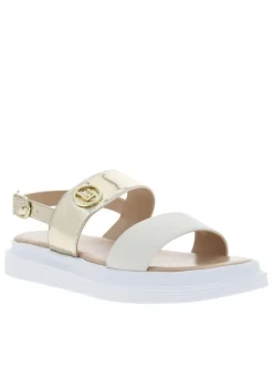 Nu-pieds en simili cuir doré à semelle plate et boucle à ardillon élastiquée