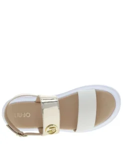 Nu-pieds en simili cuir doré à semelle plate et boucle à ardillon élastiquée