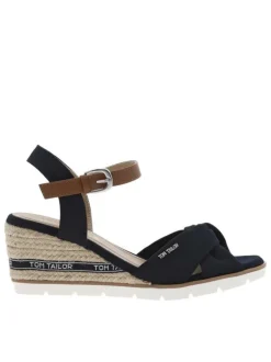 Nu-pieds en textile bleu marine à semelle cordée compensée et boucle à ardillon