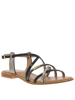 Nu-pieds femme tout en cuir noir effet peau de serpent à semelle plate