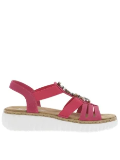 Nu-pieds fuchsia à talon semi-compensé avec brides élastiquée