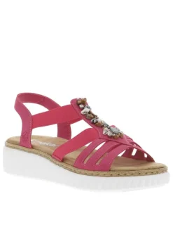 Nu-pieds fuchsia à talon semi-compensé avec brides élastiquée
