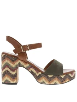Nu-pieds kaki et marron à talon décroché haut avec une boucle à ardillon