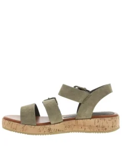 Nu-pieds kaki à semelle compensé bas et une fermeture à boucle à ardillon