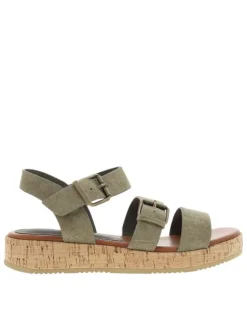 Nu-pieds kaki à semelle compensé bas et une fermeture à boucle à ardillon