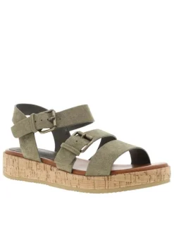 Nu-pieds kaki à semelle compensé bas et une fermeture à boucle à ardillon