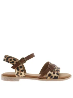 Nu-pieds léopard à semelle plate avec une fermeture à boucle à ardillon