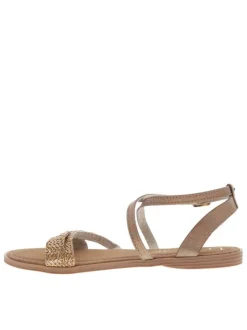 Nu-pieds marrons clairs avec le logo métallique et une boucle à ardillon