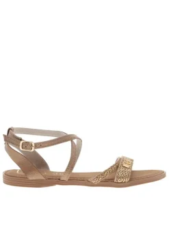 Nu-pieds marrons clairs avec le logo métallique et une boucle à ardillon