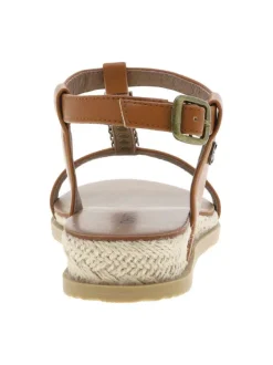 Nu-pieds marron à talon compensé bas avec boucle et détails métalliques