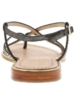 Nu-pieds Monaco en cuir noirs et dorés avec talon plat et entre-doigt