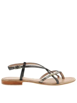 Nu-pieds Monaco en cuir noirs et dorés avec talon plat et entre-doigt