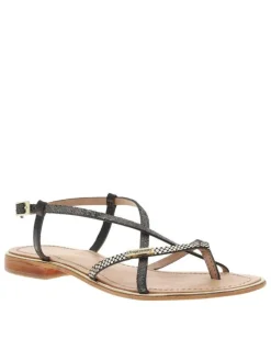 Nu-pieds Monaco en cuir noirs et dorés avec talon plat et entre-doigt