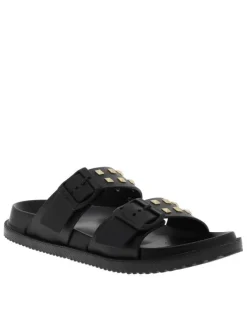 Nu-pieds noirs avec un talon plat et 2 boucles à ardillon avec clous