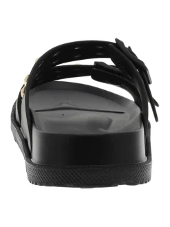 Nu-pieds noirs avec un talon plat et 2 boucles à ardillon avec clous