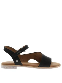 Nu-pieds noirs avec un talon plat et une bande auto-agrippante