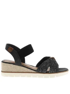 Nu-pieds noirs avec un talon semi-compensée et une bandes élastiquées