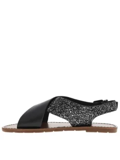Nu-pieds noirs et à glitter argent, à semelle plate et première pur cuir