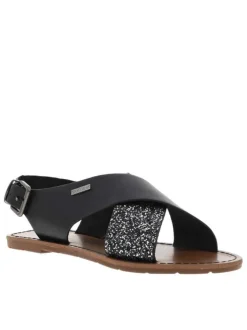 Nu-pieds noirs et à glitter argent, à semelle plate et première pur cuir