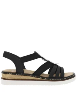 Nu-pieds noirs à semelle blanche compensée basse et à bandes élastiquées