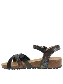 Nu-pieds noirs à semelle compensé bas avec une boucle à ardillon