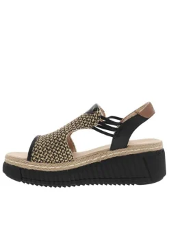 Nu-pieds noirs à semelle compensée avec des soufflets élastiqués