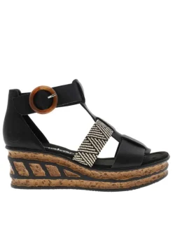 Nu-pieds noirs à semelle compensée haute et à boucle à ardillon