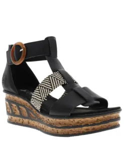 Nu-pieds noirs à semelle compensée haute et à boucle à ardillon