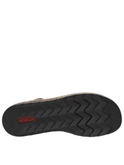 Nu-pieds noirs à talon compensé bas avec cordes élastiquées et logo métallique
