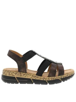 Nu-pieds noirs à talon compensé bas avec des bandes élastiquées ornées de strass