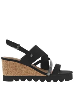 Nu-pieds noirs à talon compensé haut avec boucle à ardillon et aspect liège