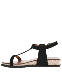 Nu-pieds noirs à talon semi-compensé, à boucle à ardillon, semelle cordée