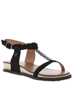 Nu-pieds noirs à talon semi-compensé, à boucle à ardillon, semelle cordée