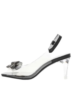 Nu-pieds noirs vernis à talon décroché haut avec bijoux décoratifs