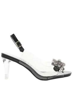 Nu-pieds noirs vernis à talon décroché haut avec bijoux décoratifs