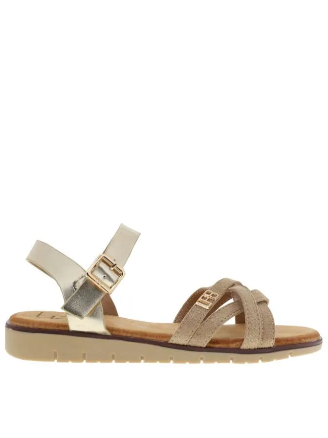 Nu-pieds or avec un talon compensé bas et une boucle à ardillon