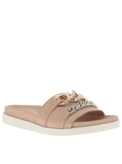 Nu-pieds ouverts en cuir rose à semelle plate contrastée et maillons argentés