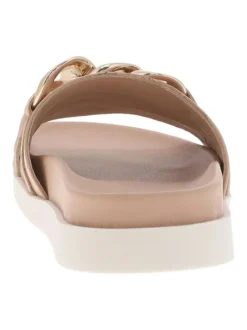 Nu-pieds ouverts en cuir rose à semelle plate contrastée et maillons argentés