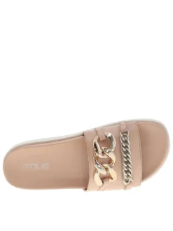 Nu-pieds ouverts en cuir rose à semelle plate contrastée et maillons argentés
