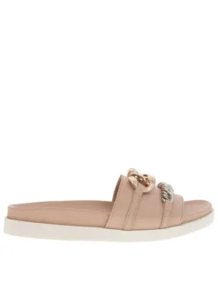 Nu-pieds ouverts en cuir rose à semelle plate contrastée et maillons argentés