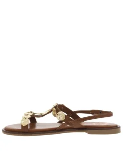 Nu-pieds plats en cuir marron à détails métallisés et à boucle à ardillon