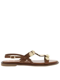 Nu-pieds plats en cuir marron à détails métallisés et à boucle à ardillon