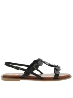 Nu-pieds plats en cuir noir à détails métallisés et à boucle à ardillon