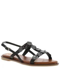 Nu-pieds plats en cuir noir à détails métallisés et à boucle à ardillon