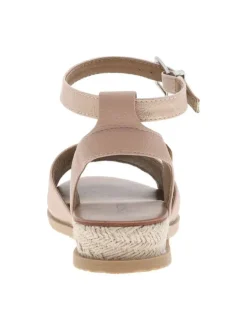 Nu-pieds rose avec détails en corde un talon compensé bas et boucle à ardillon